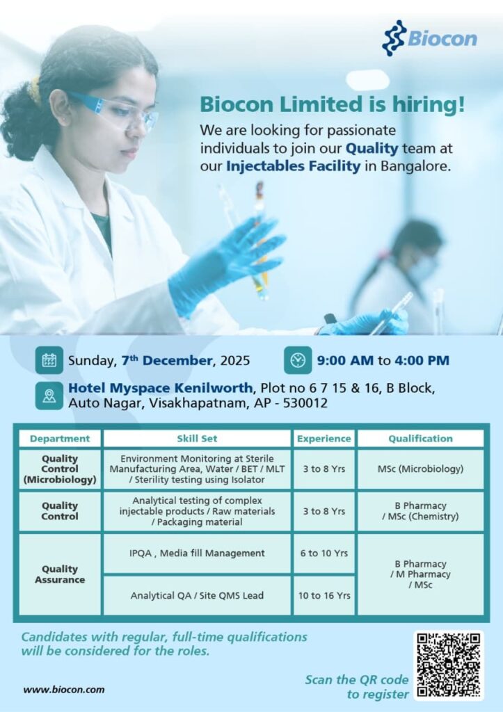 Biocon Limited Walk-In Drive 2025 in Visakhapatnam