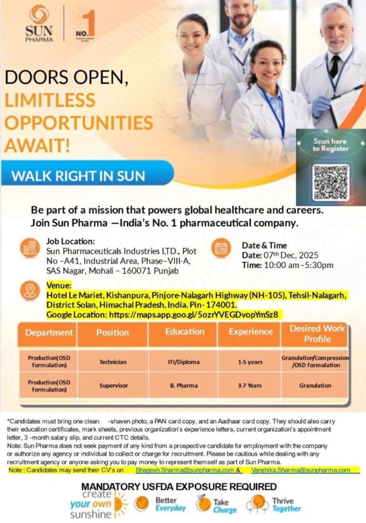 SUN Pharma Walk-In Drive 2025 – Technician & Supervisor