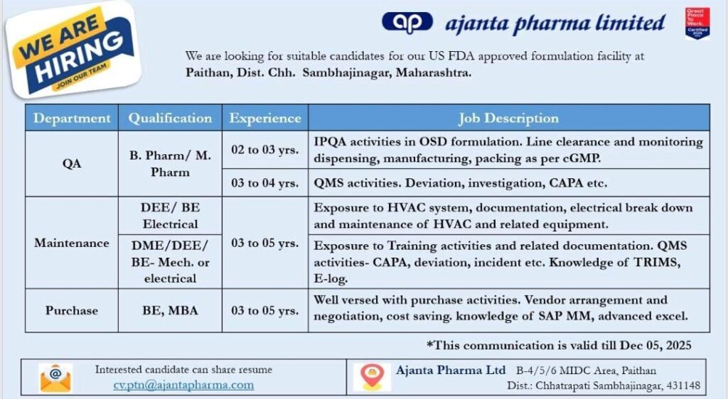 Ajanta Pharma Job Vacancies at Paithan