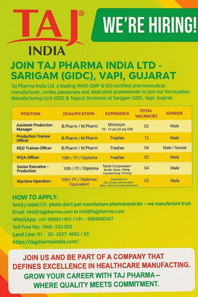 Taj Pharma Hiring 2025 | Jobs in Sarigam (GIDC), Vapi
