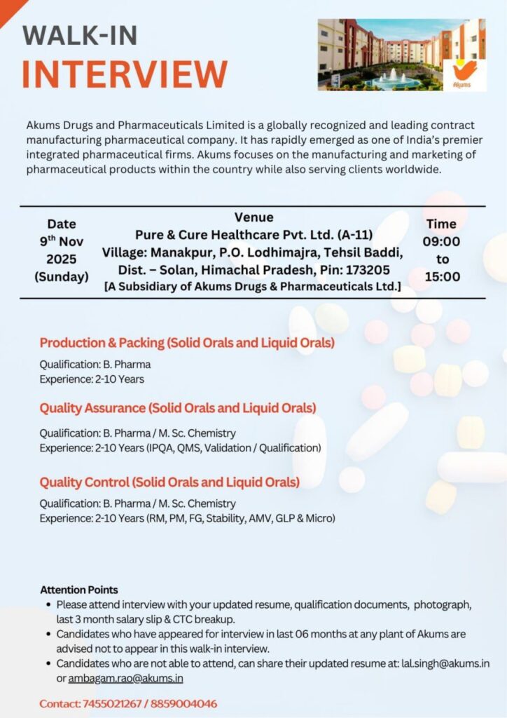 Akums Drugs & Pharmaceuticals Ltd Walk-In Interview in Baddi