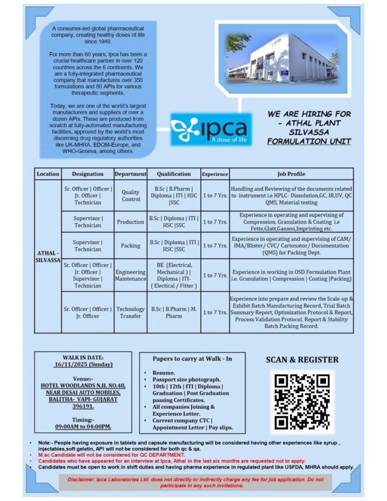 Ipca Laboratories Announces Walk-In Interviews for Multiple Roles