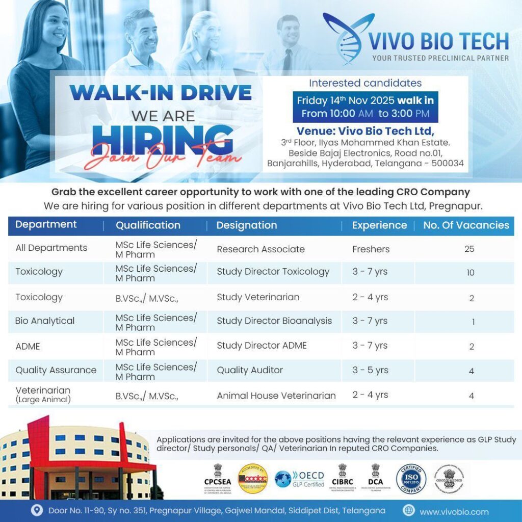 Vivo Bio Tech Ltd Announces Walk-In Drive for Multiple Scientific Roles