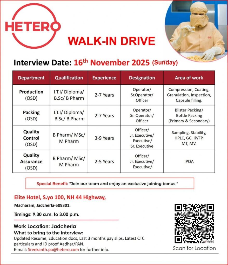 Hetero Pharma Recruitment 2025: Walk-In Interviews for OSD Roles