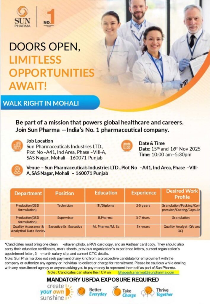 Sun Pharma Announces Walk-In Interviews in Mohali
