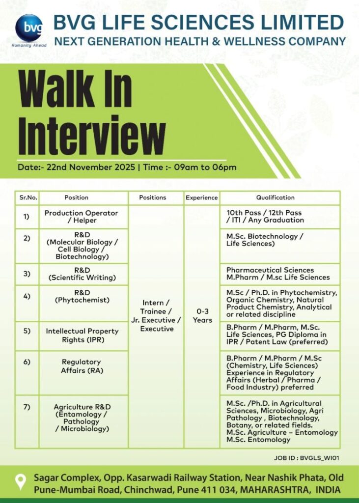 BVG Life Sciences Limited Announces Walk-In Interviews for Multiple Roles