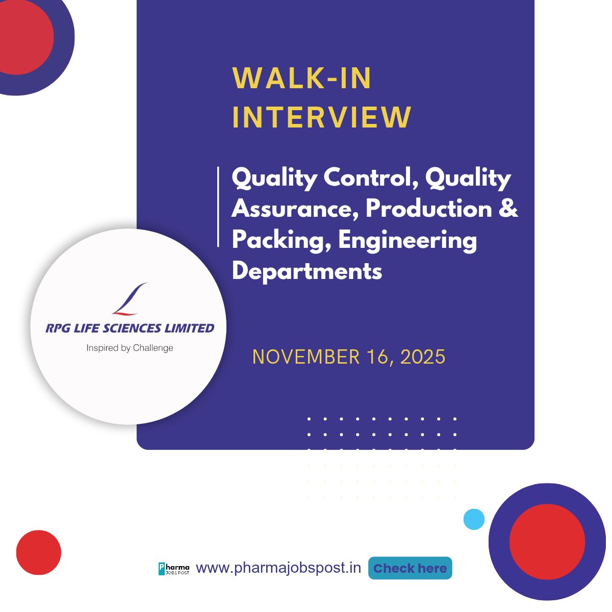RPG Life Sciences Walk-In Interview for Multiple Openings in QC, QA ...