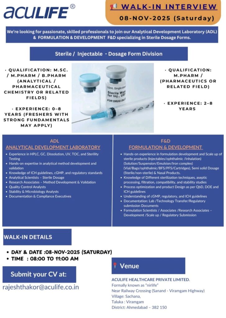 Aculife Healthcare Walk-In Drive on Saturday, November 8, 2025 in Ahmedabad for ADL & F&D Experts