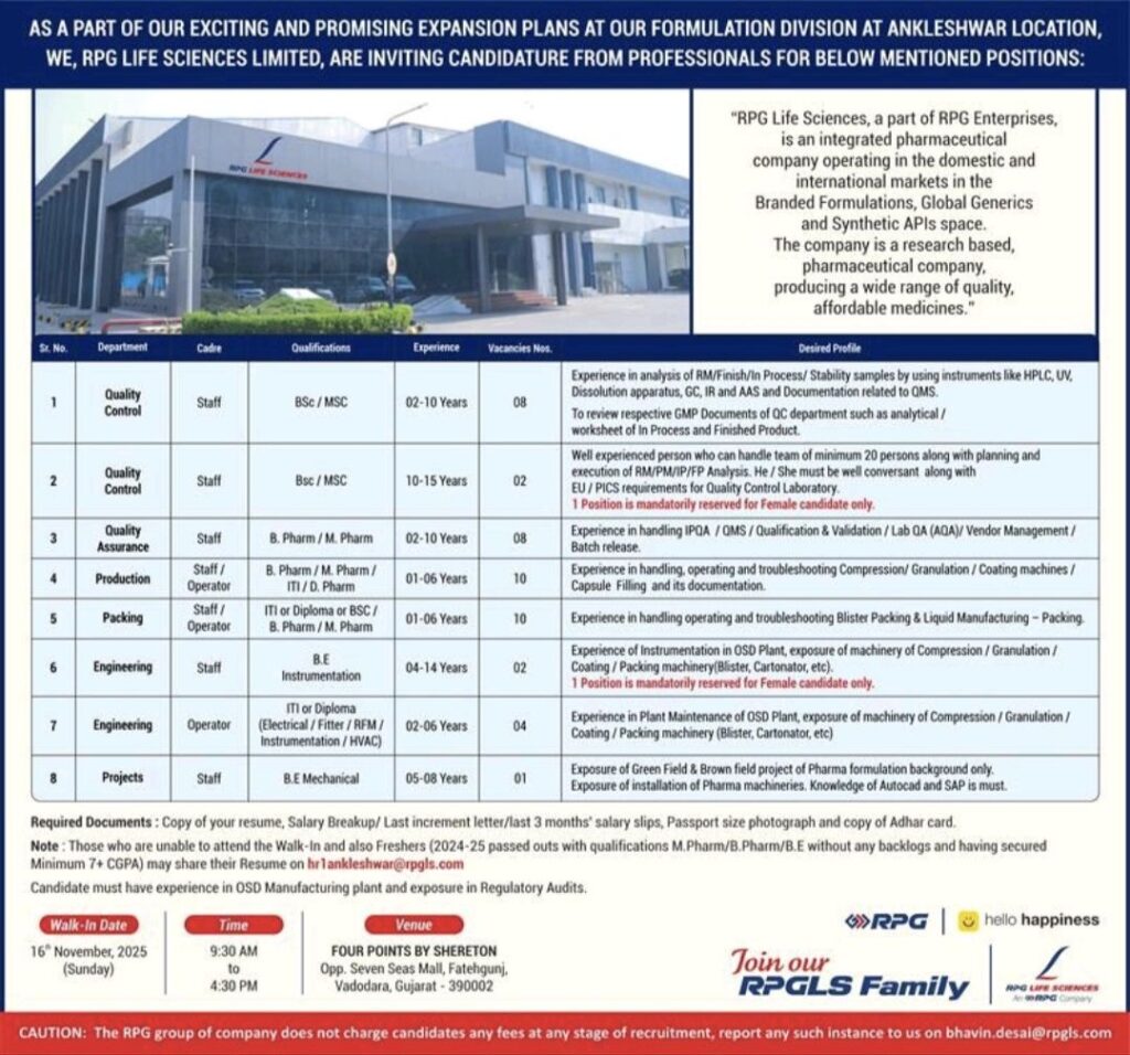 RPG Life Sciences Walk-In Interview for Multiple Openings in QC, QA, Production & Engineering Departments 