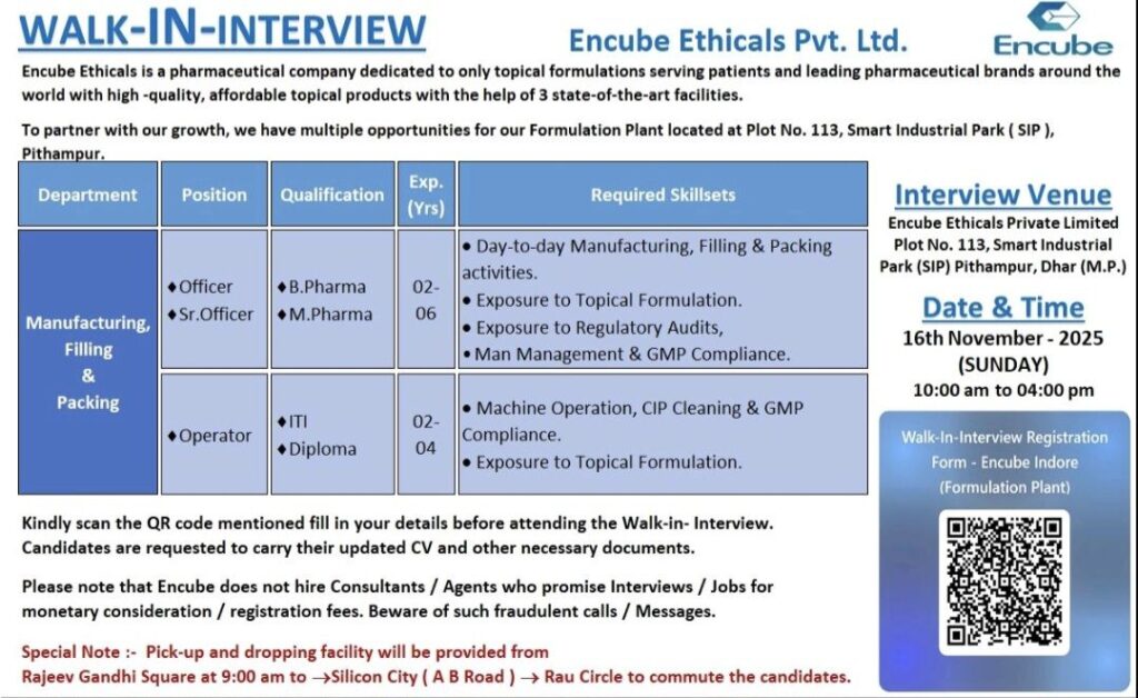 Encube Ethicals Walk-In Interview on November 16, 2025 for Manufacturing & Packing Departments
