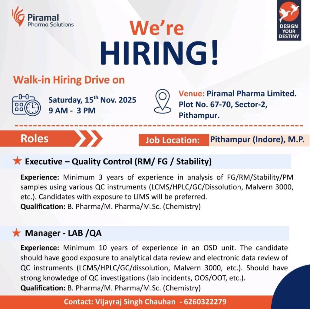 Piramal Pharma Solutions Announces Walk-In Hiring Drive at Pithampur