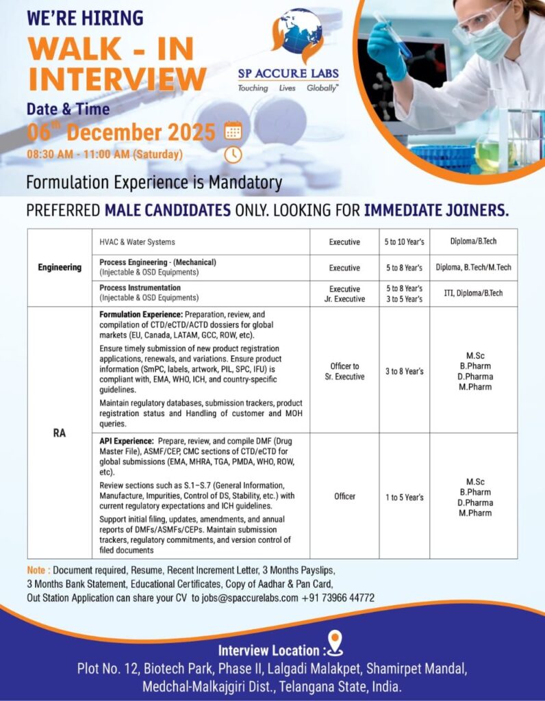 SP Accure Labs Mega Walk-In Interview
