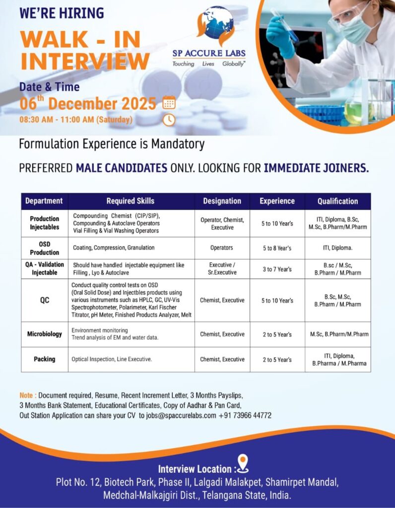 SP Accure Labs Walk-In Interview 2025 – Multiple Openings