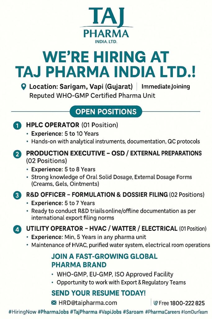 Taj Pharma Hiring in Vapi – Multiple Openings