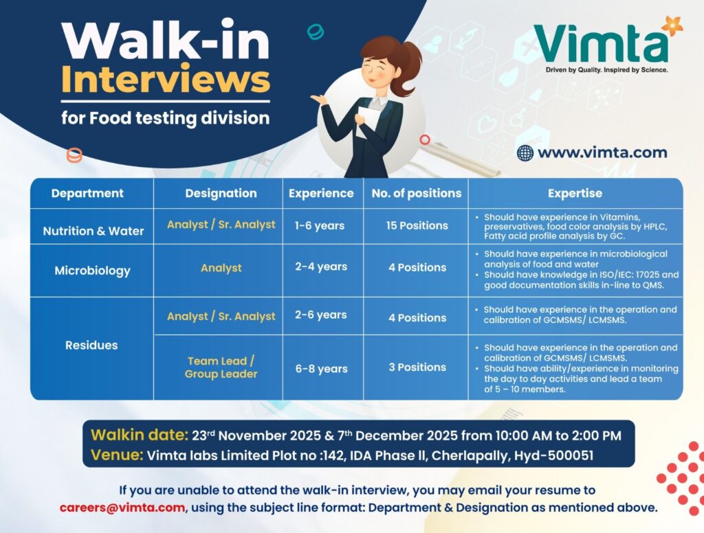 Walk-in Interviews at Vimta Labs – Food Testing Division