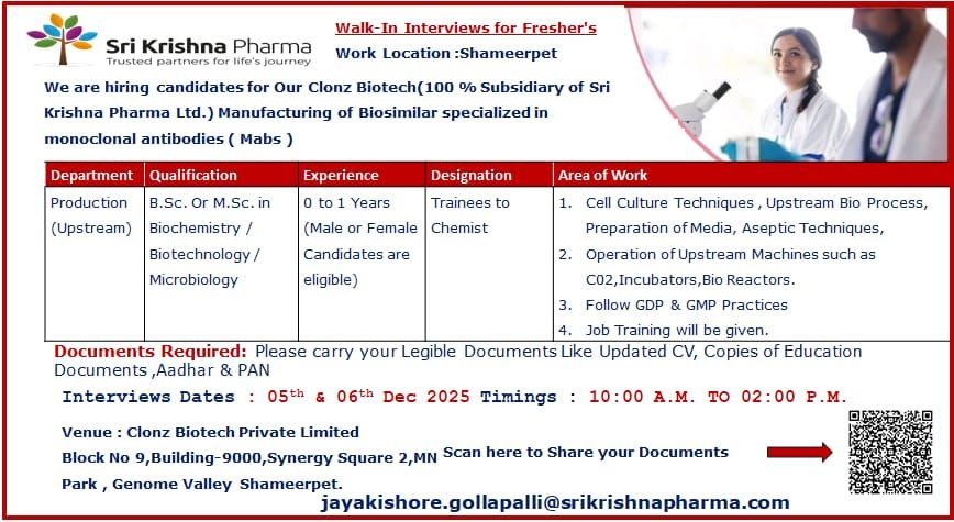 Walk-In Interviews for Freshers at Sri Krishna Pharma