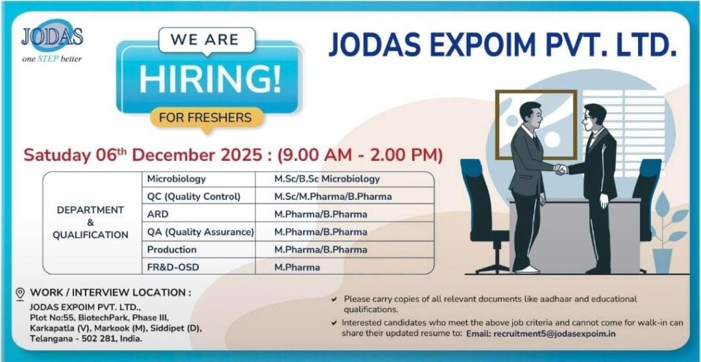 Walk-In Drive for Freshers at Jodas Expoim Pvt. Ltd