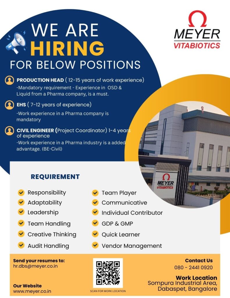 Meyer Vitabiotics Hiring for Multiple Departments