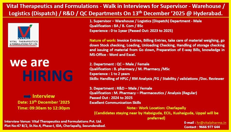 Vital Therapeutics Pharma Hiring – Freshers & Experienced Jobs