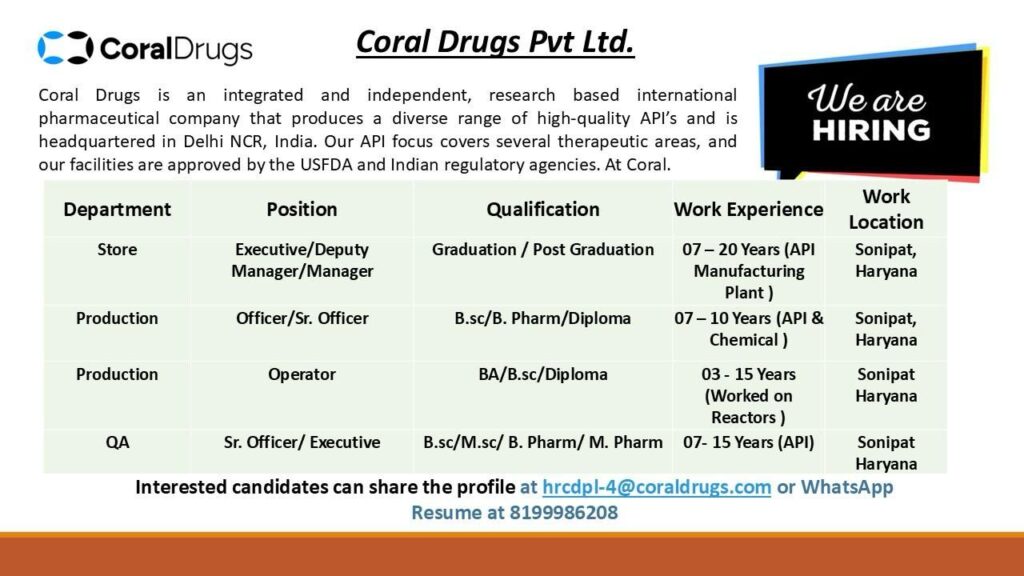 Coral Drugs Job Openings – Officer, Manager & Operator Positions