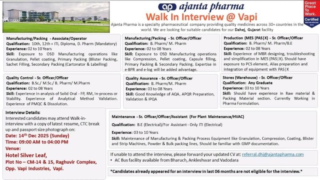 Ajanta Pharma Walk-In Interview at Vapi