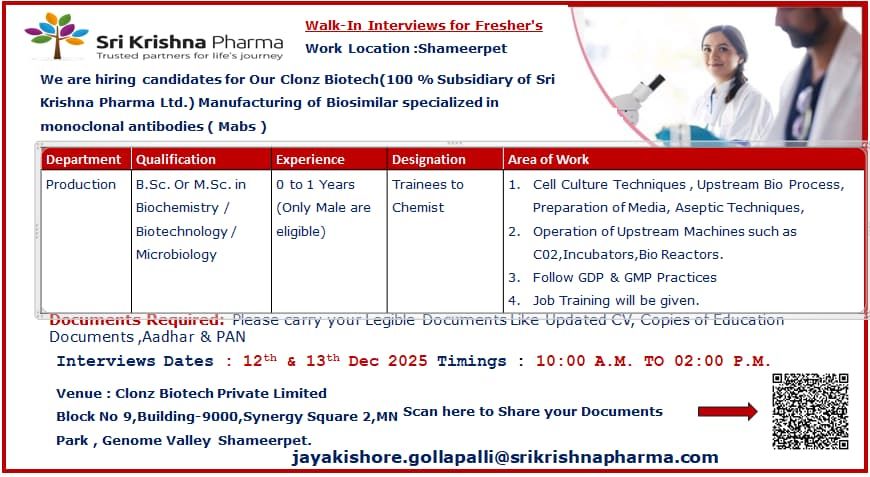 Clonz Biotech Hiring Freshers | Production Trainee Job