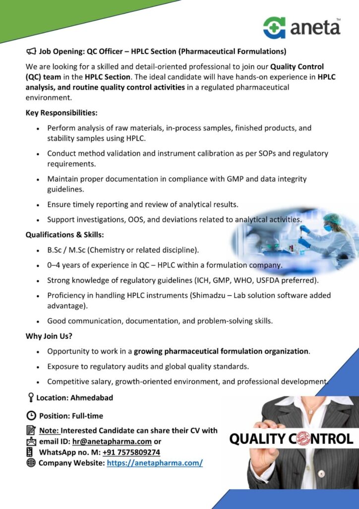 Job opening poster for QC Officer – HPLC Section at Aneta Pharma, Ahmedabad