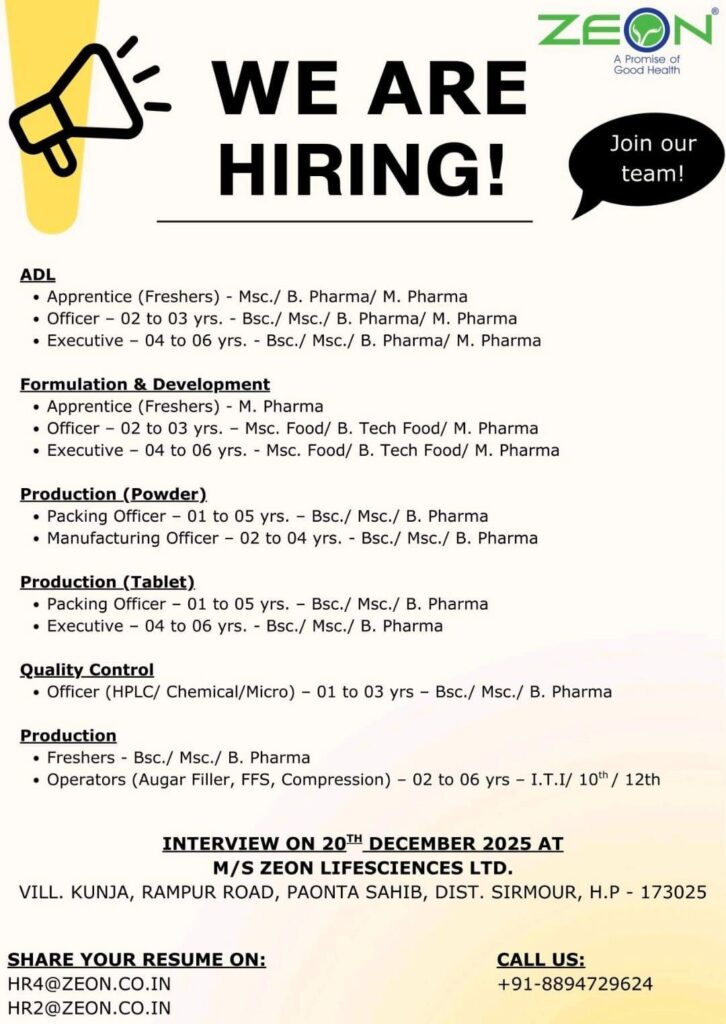 Zeon Lifesciences Ltd Hiring 2025 | Walk-In Interview 