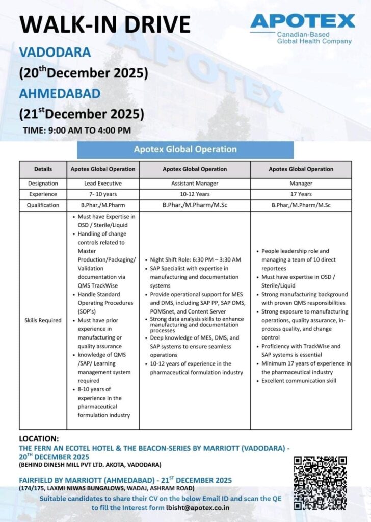 Apotex Walk-In Drive 2025 | Apotex Global Operations Hiring