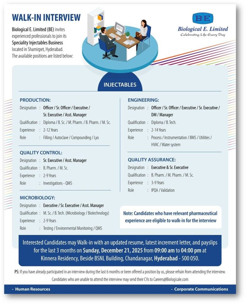 Walk-In Interview | Biological E. Limited (BE) – Injectables Division