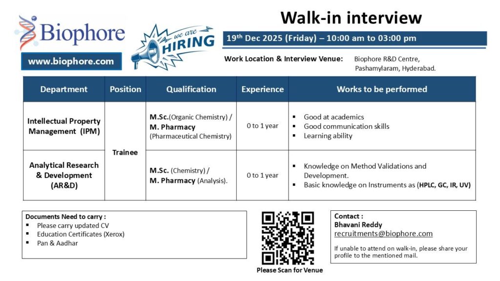 Biophore Hiring Trainees – Walk-In Interview