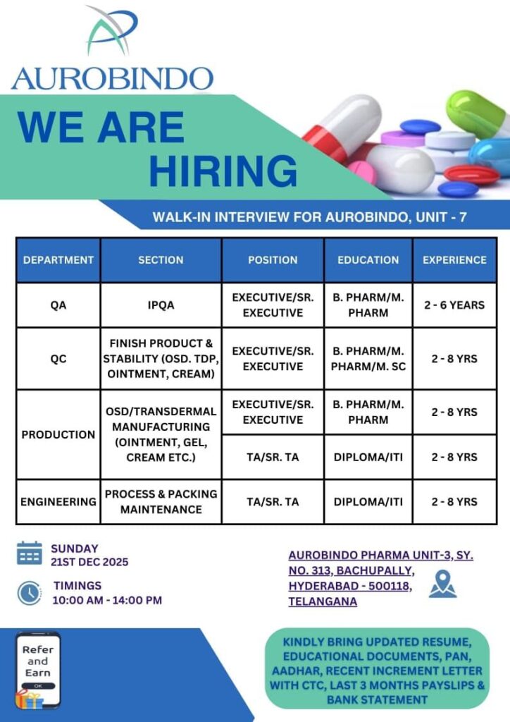 Aurobindo Pharma Hiring | Walk-In Interview at Hyderabad Unit