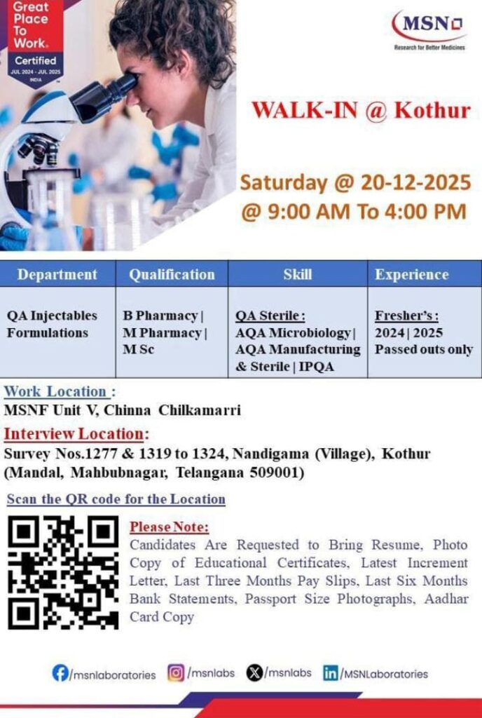 QA Injectables Jobs for Freshers | MSN Laboratories