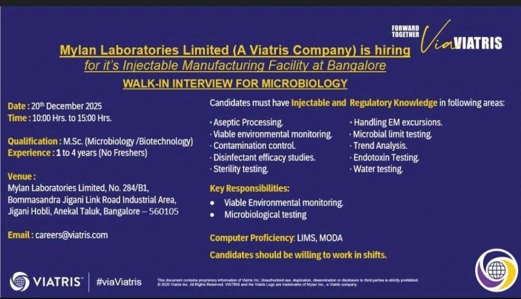 Mylan Laboratories Limited (Viatris) Hiring for Microbiology Department 