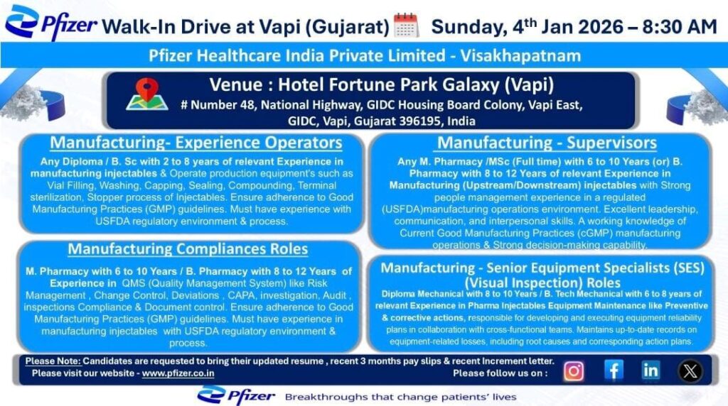 Pfizer Healthcare Walk-In Drive 2026 at Vapi, Gujarat