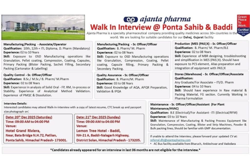 Ajanta Pharma Walk-In Interview at Ponta Sahib & Baddi