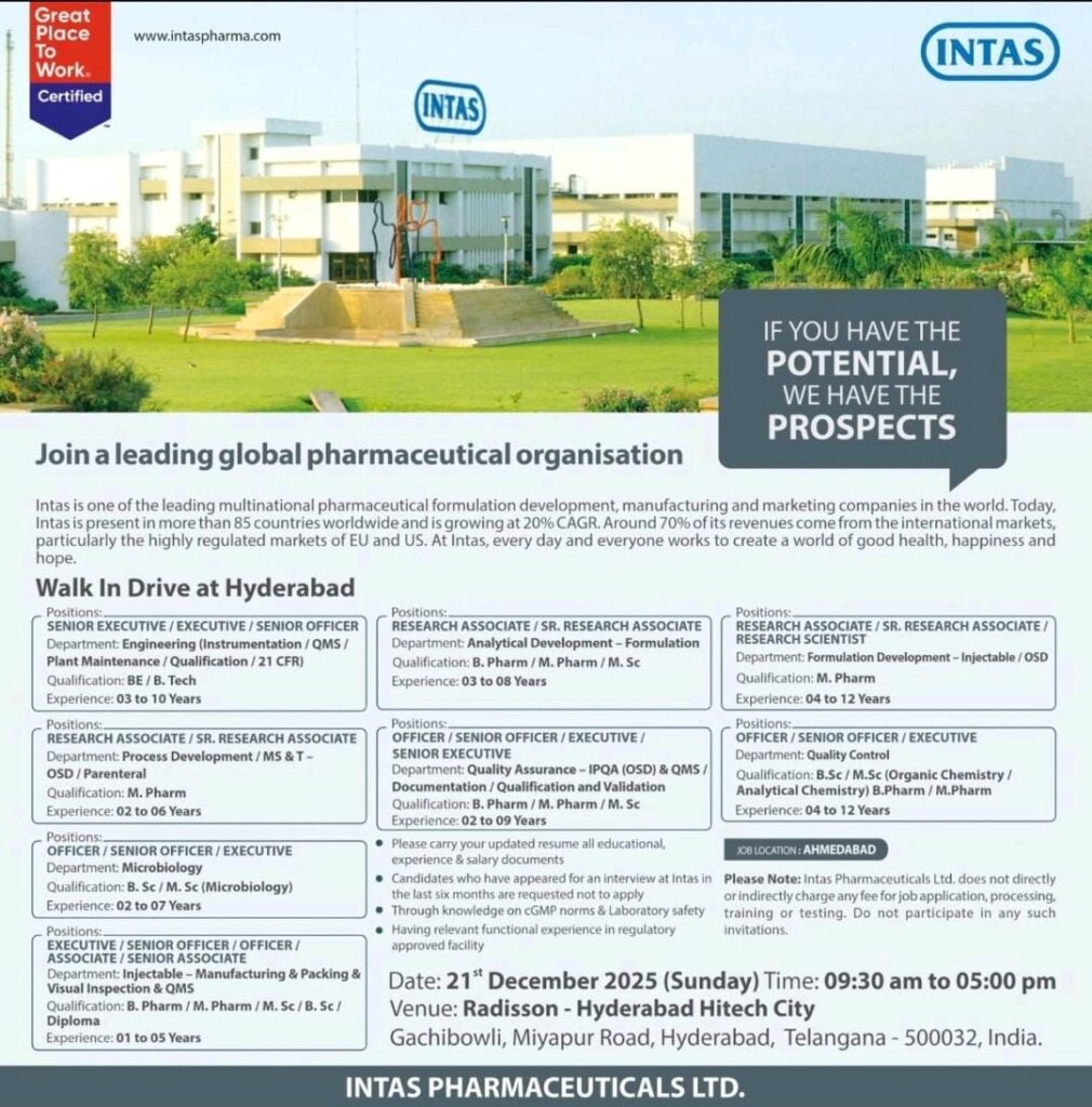 Intas Pharmaceuticals Walk-In Drive Hyderabad