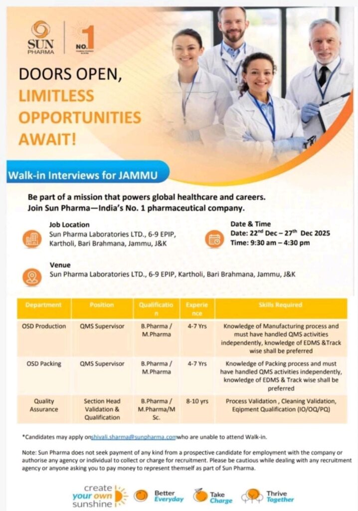 Sun Pharma Walk-In Interview for Production & Quality Roles