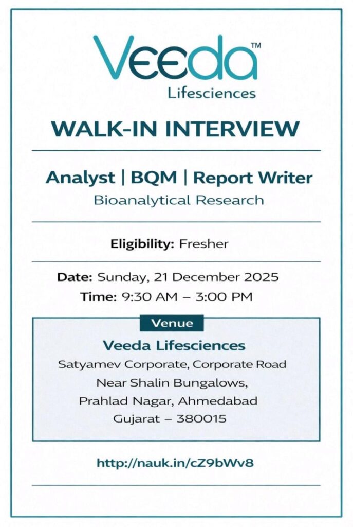 Veeda Lifesciences Hiring Freshers – Walk-In Drive