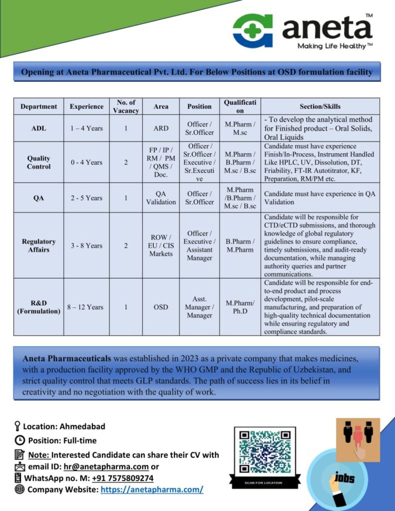 Aneta Pharmaceuticals OSD Facility Hiring