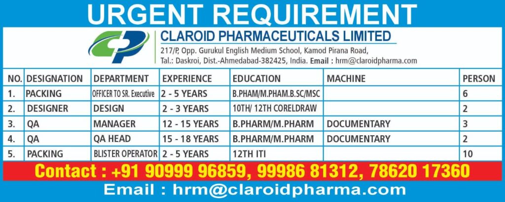 Urgent Job Openings at Claroid Pharmaceuticals Limited 