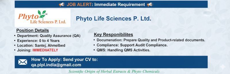 Phyto Life Sciences QA Executive Job in Ahmedabad 