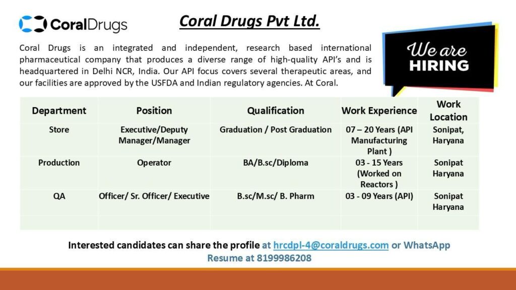 Job Openings at Coral Drugs Pvt Ltd – Sonipat, Haryana