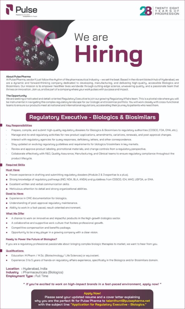 Job Opportunity in Regulatory Affairs – Pulse Pharma