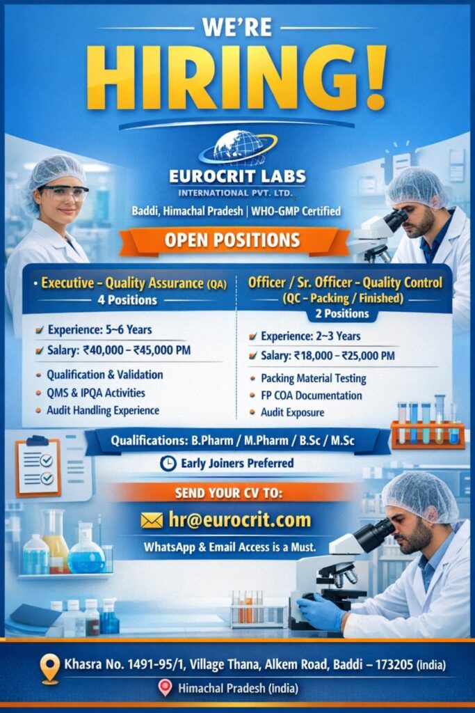 Eurocrit Labs Hiring QA & QC Officers in Baddi