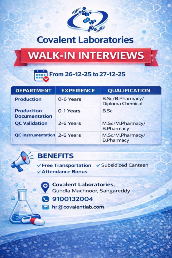 Covalent Laboratories Walk-In Interview | Production & QC Jobs