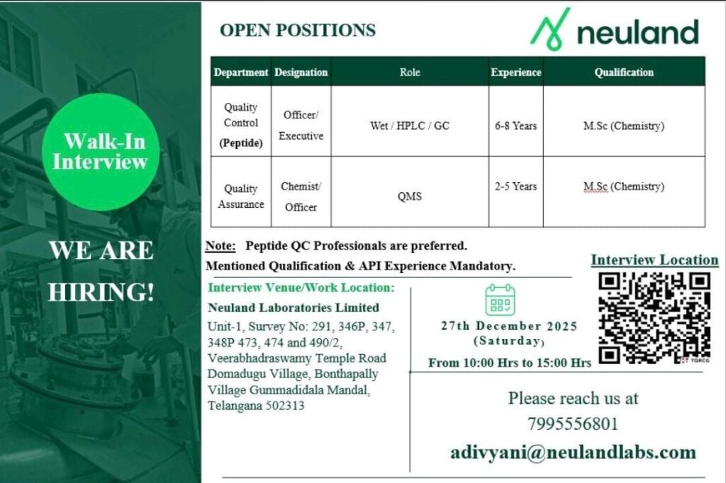 Neuland Laboratories Walk-In Interview for QC & QA Professionals