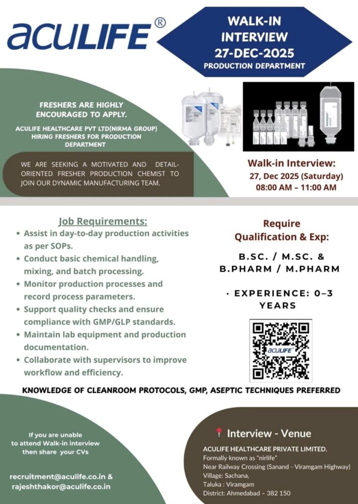 Pharma Production Jobs at Aculife Healthcare