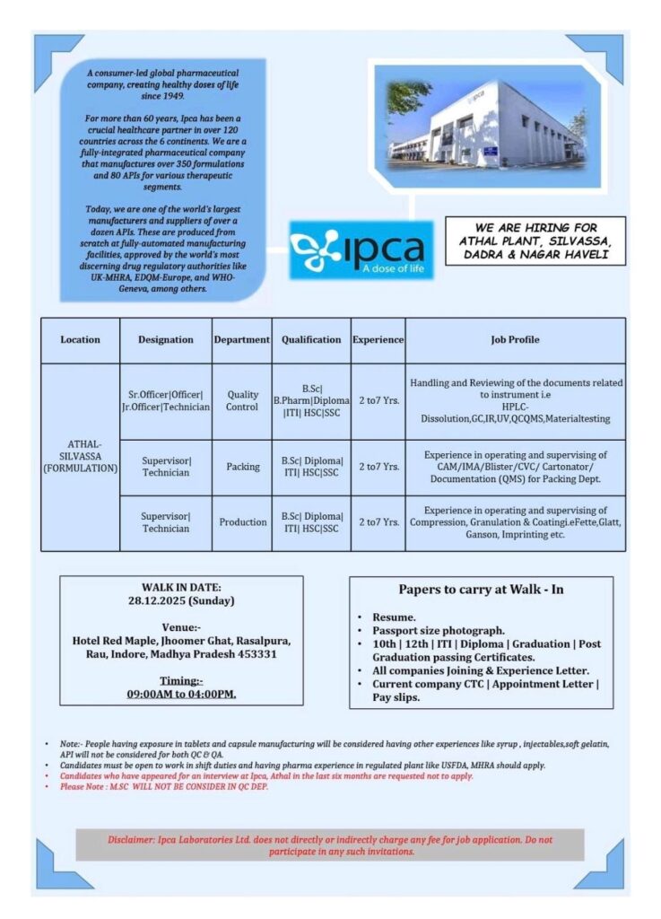 Ipca Laboratories Walk-In Interview for QC, Production & Packing Jobs