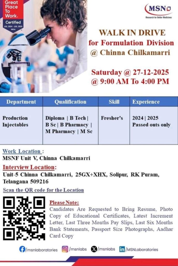 MSN Laboratories Walk-In Drive – Freshers Hiring for Injectable Production